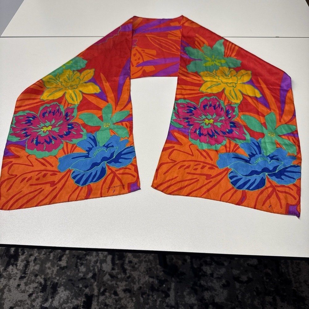 VTG Liz Claiborne Silk Rectangular Scarf Wrap Floral Vibrant Boho 10x52" Orange
